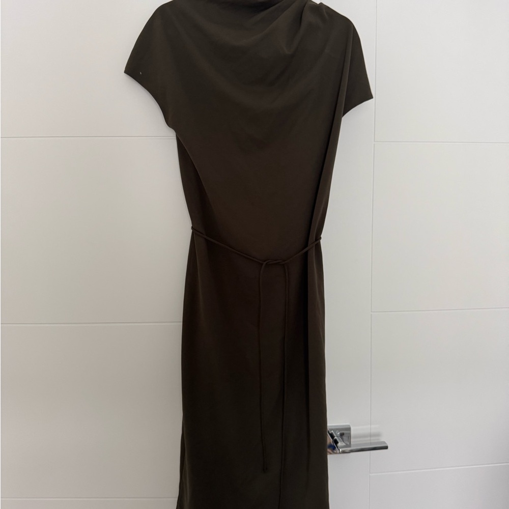Zara Olive Draped Midi Dress with Waist Tie
